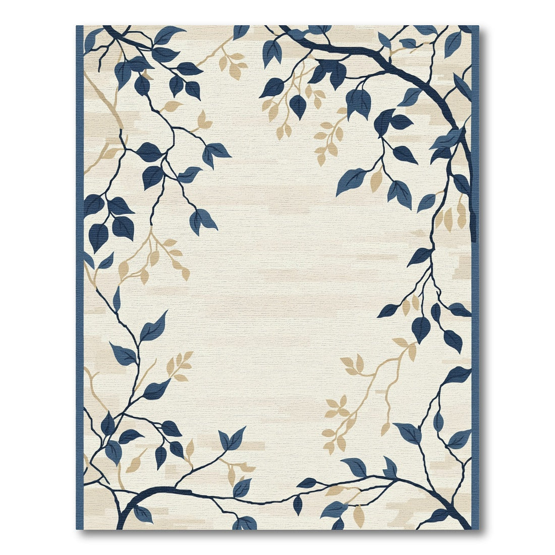 Navy Blue Branch Leaf Botanical Scene Rug