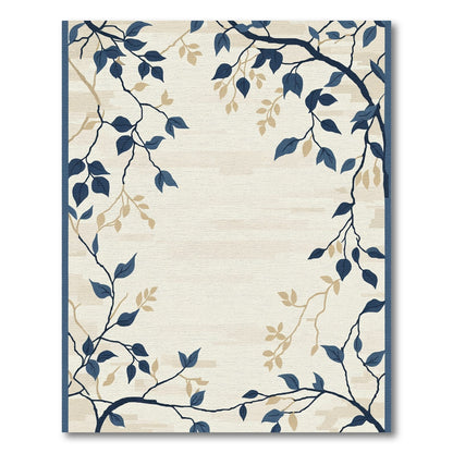 Navy Blue Branch Leaf Botanical Scene Rug