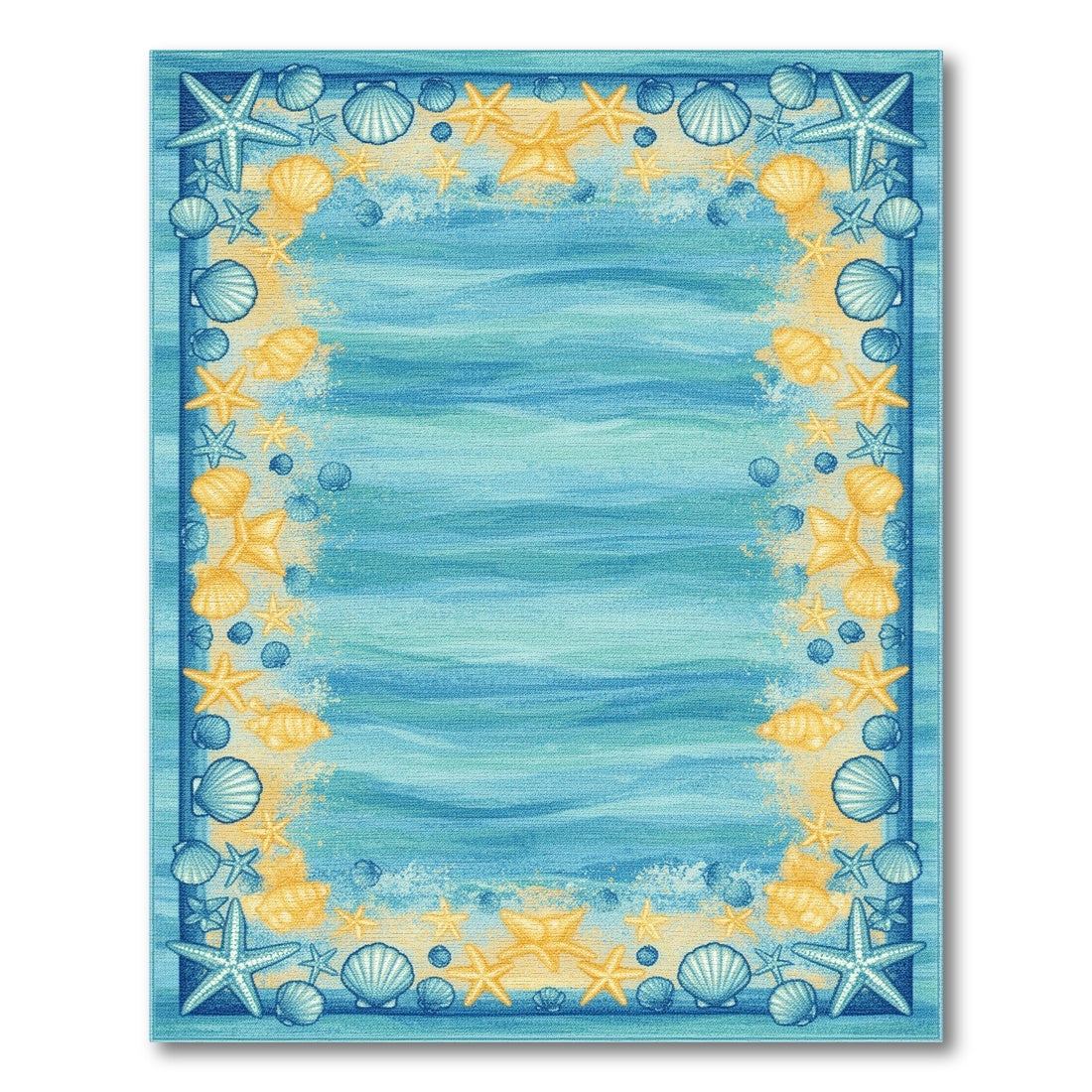 Coastal Blue Wave Seashell Starfish Area Rug