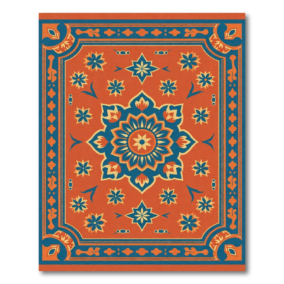 Orange Blue Floral Medallion Border Rug