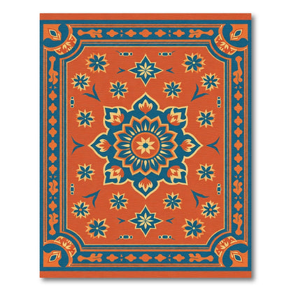Orange Blue Floral Medallion Border Rug