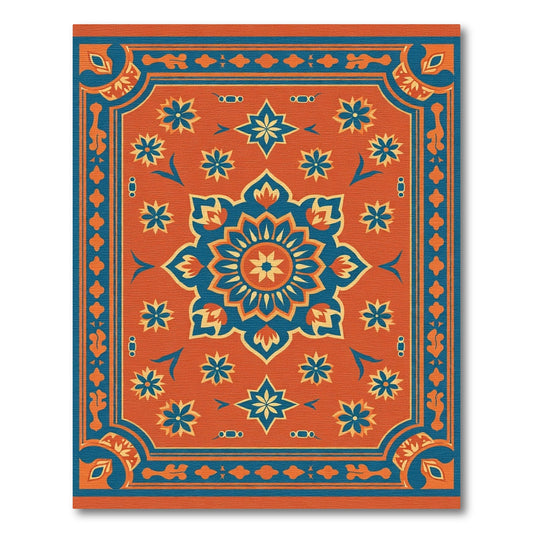 Orange Blue Floral Medallion Border Rug