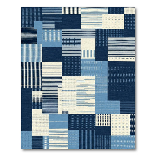 Abstract Blue Stripe Patchwork Rug