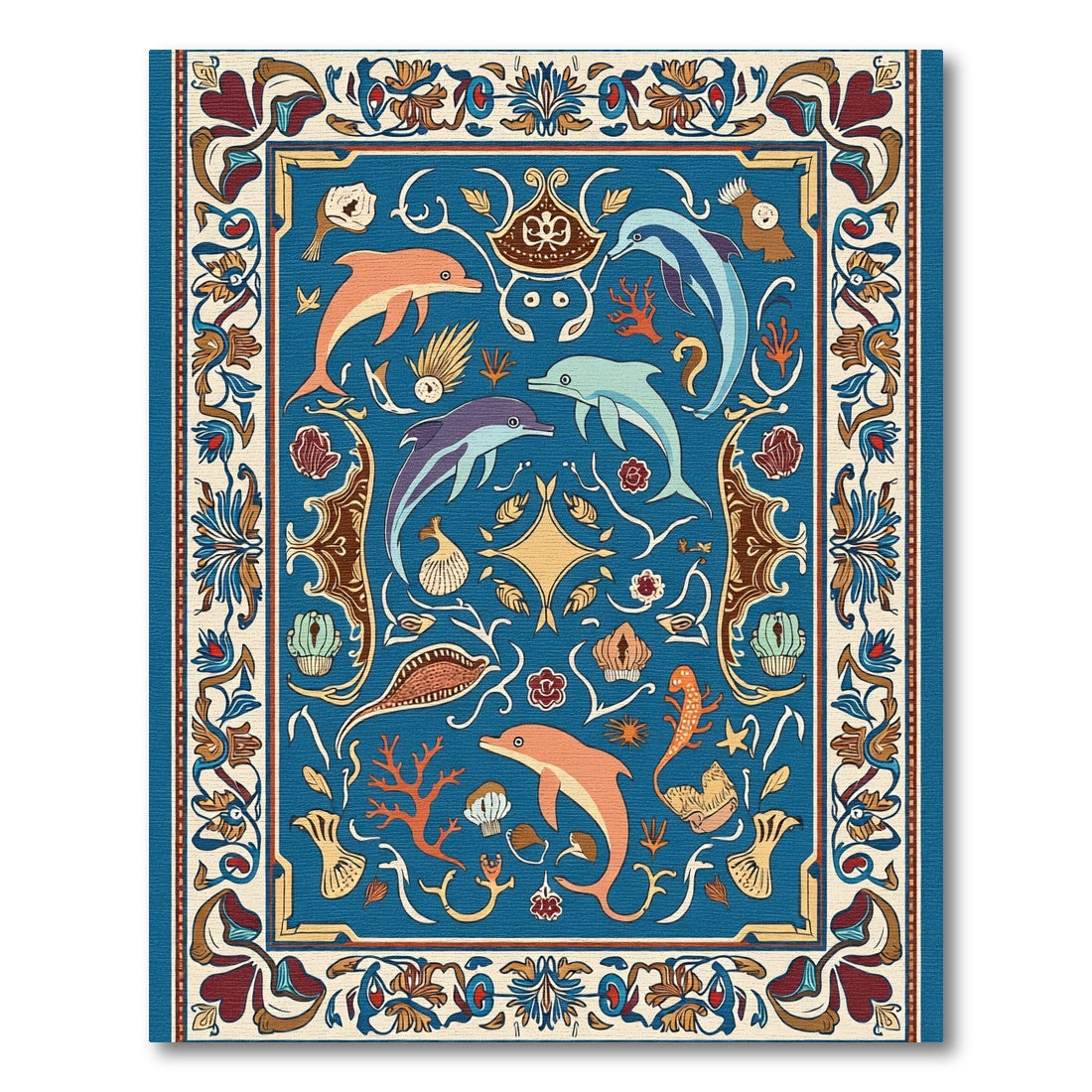 Blue Marine Life Dolphin Coral Scallop Rug