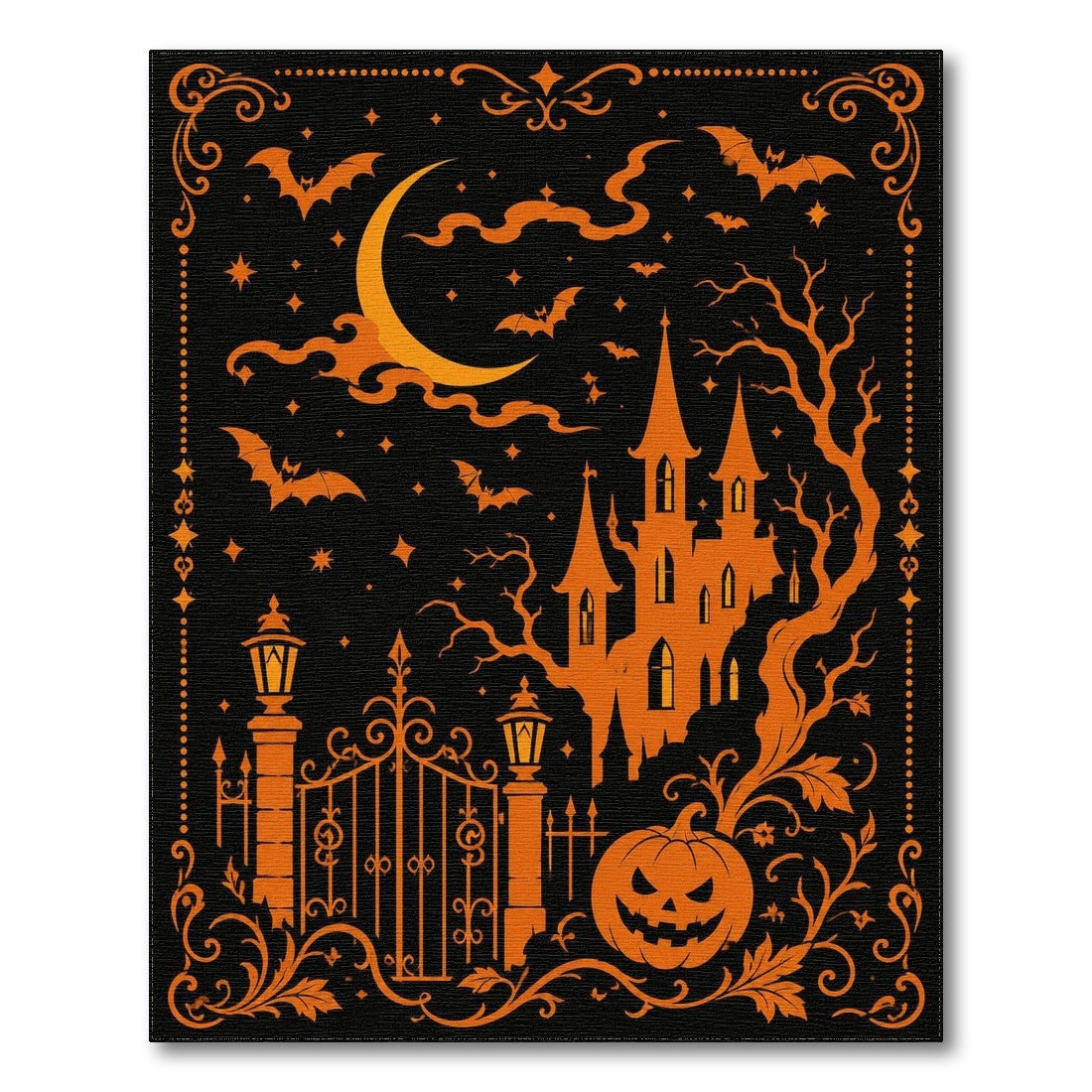 Haunted Castle Halloween Orange Washable Area Rug