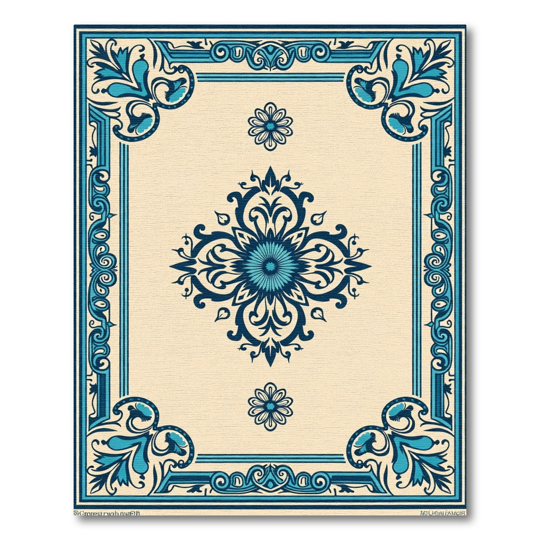 Cream Blue Floral Medallion Border Rug