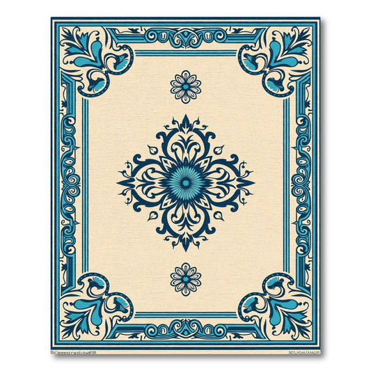 Cream Blue Floral Medallion Border Rug
