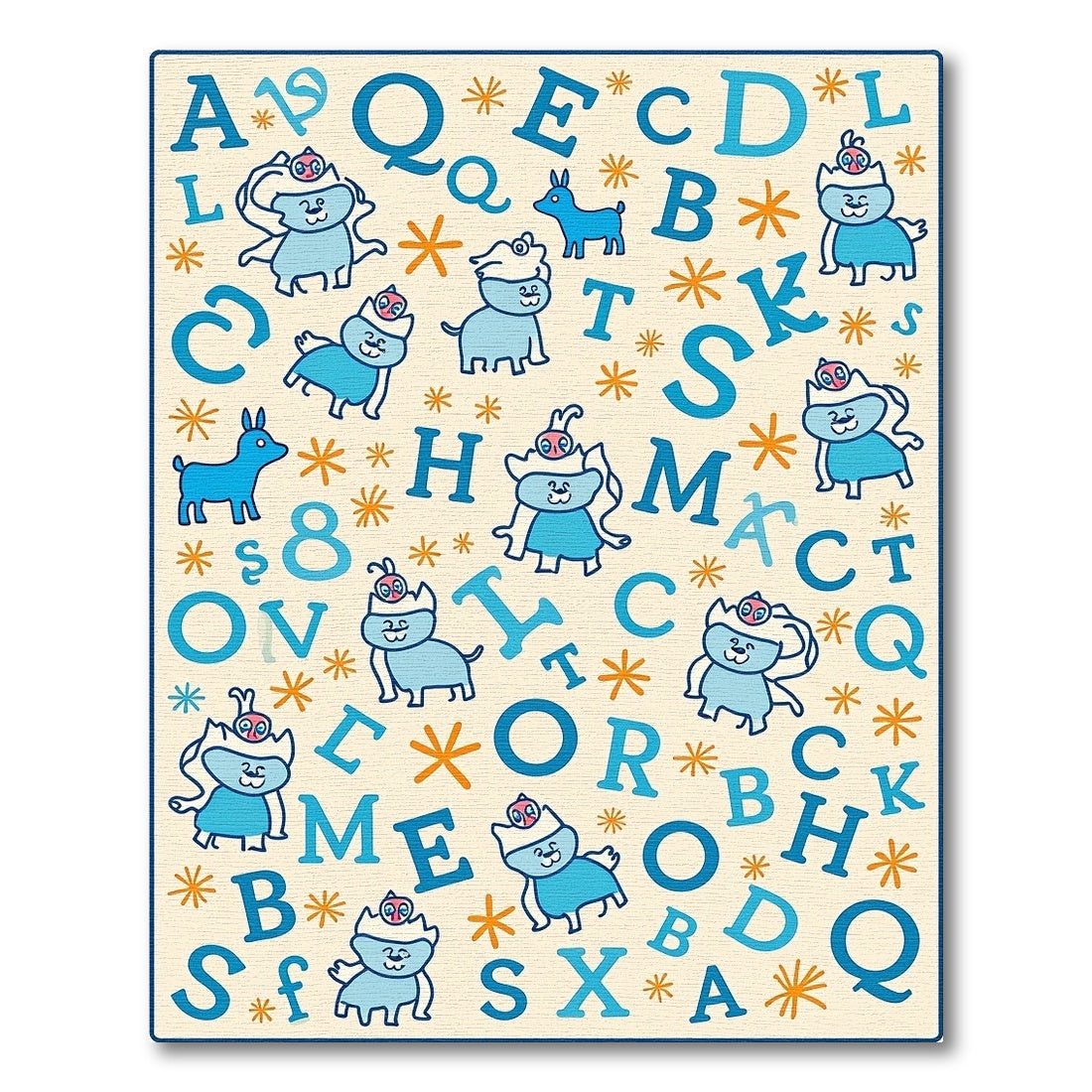 Cute Blue Cartoon Animals Alphabet Layout Rug