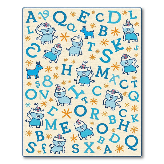 Cute Blue Cartoon Animals Alphabet Layout Rug