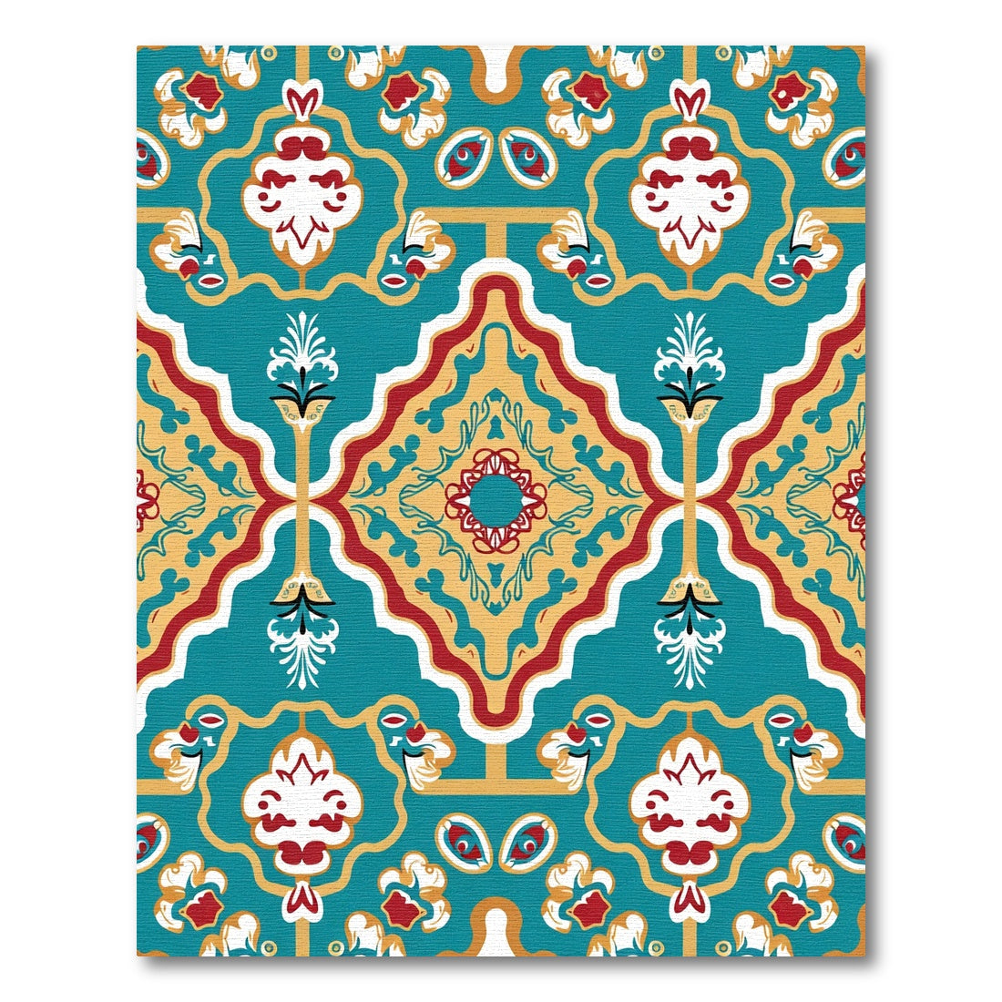 Teal Red Golden Floral Medallion Rug