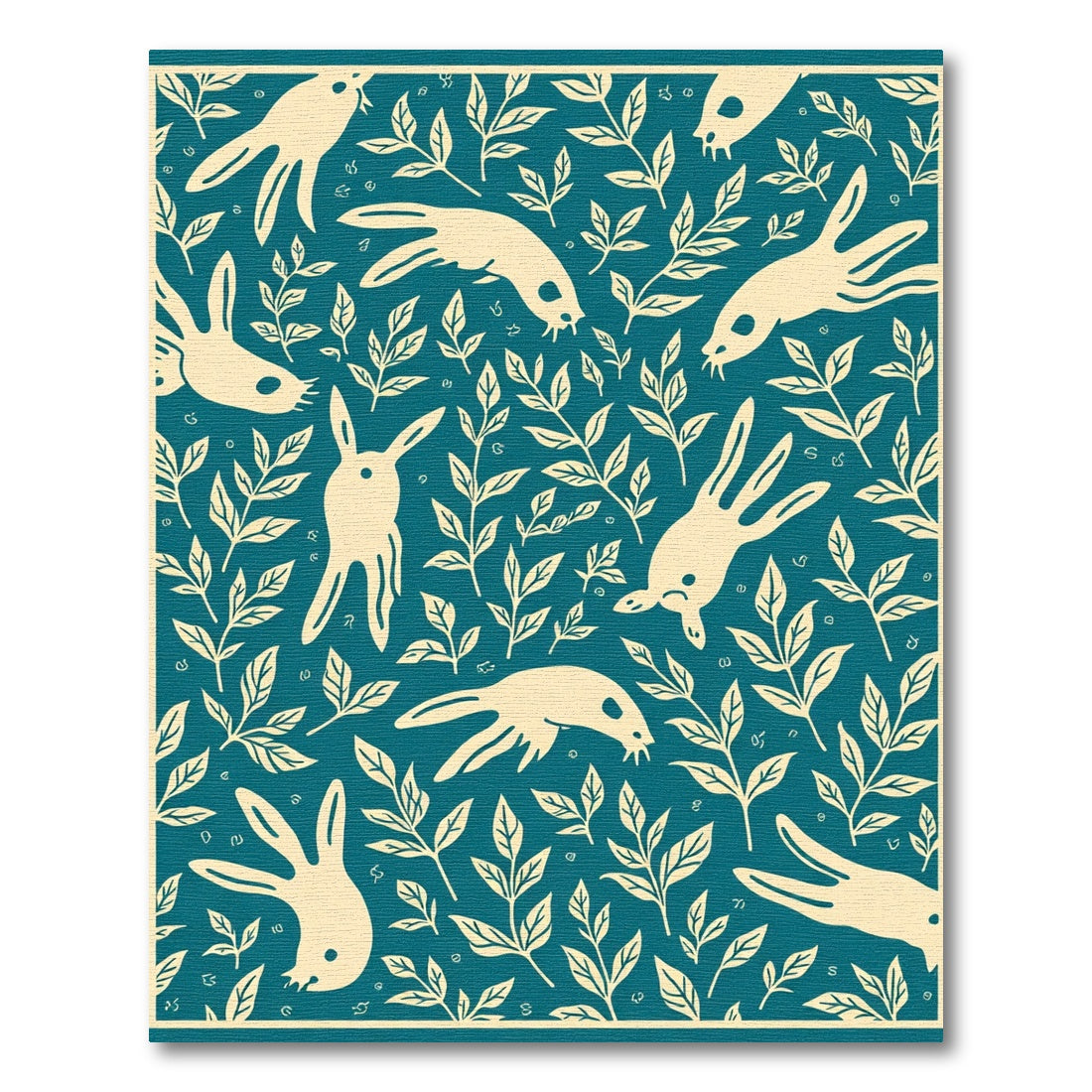 Cream Rabbits Teal Foliage Rug