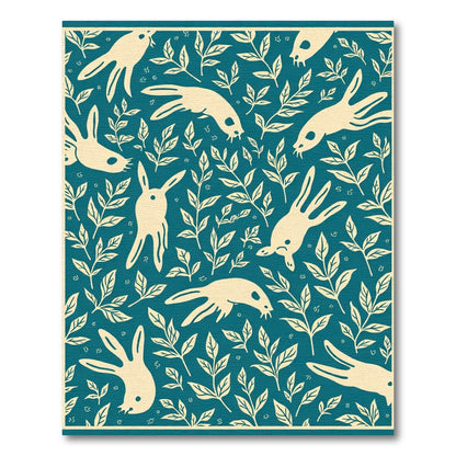 Cream Rabbits Teal Foliage Rug