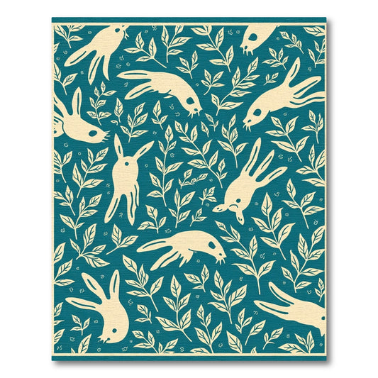 Cream Rabbits Teal Foliage Rug