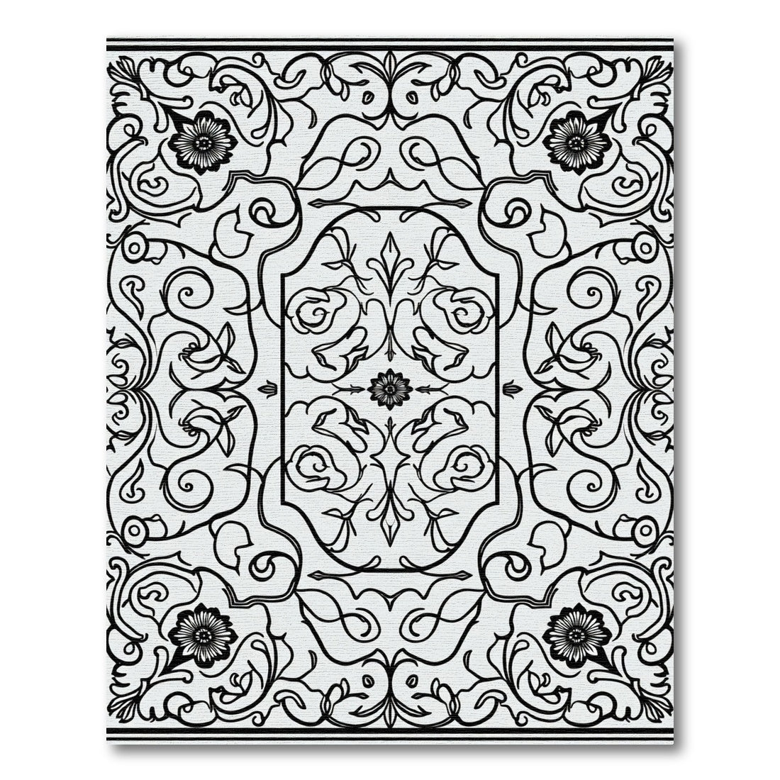 Monochromatic Black Floral Scroll Medallion Rug