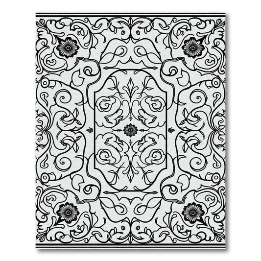 Monochromatic Black Floral Scroll Medallion Rug