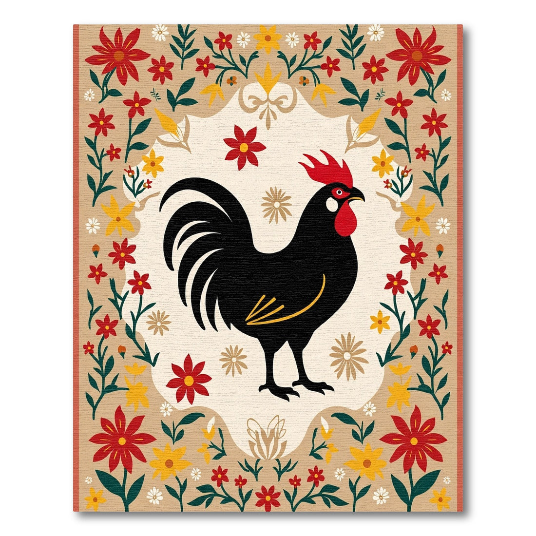 Farmhouse Black Rooster Floral Border Rug