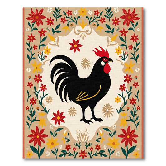 Farmhouse Black Rooster Floral Border Rug
