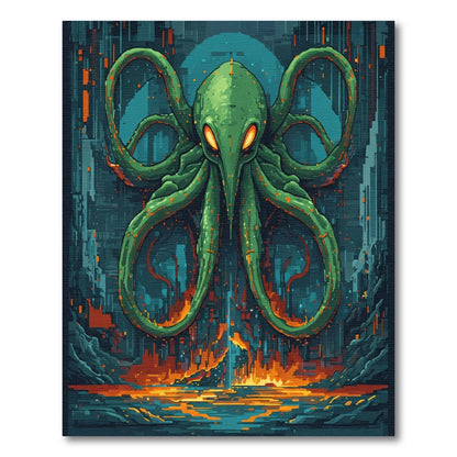 Green Tentacle Creature Pixel Landscape Rug