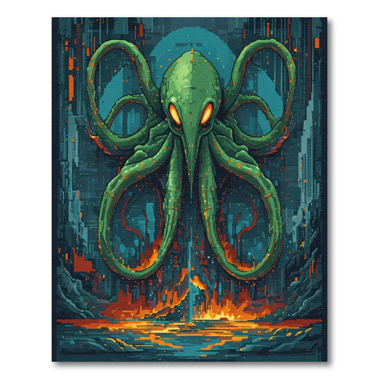 Green Tentacle Creature Pixel Landscape Rug