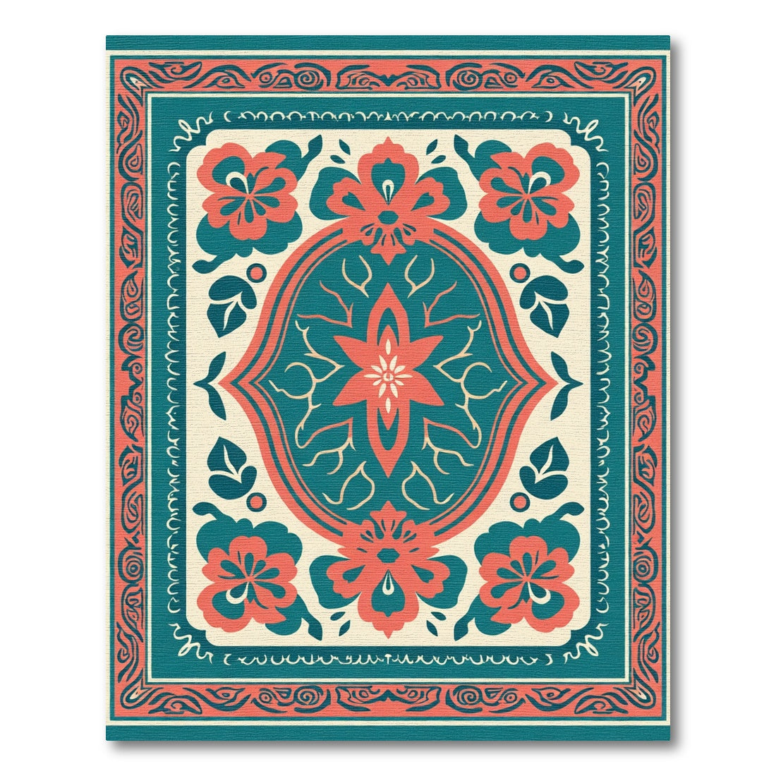 Coral Teal Floral Frame Composition Rug