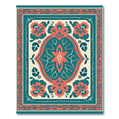 Coral Teal Floral Frame Composition Rug
