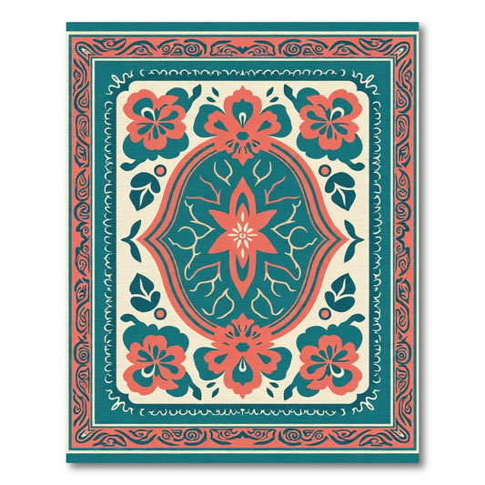 Coral Teal Floral Frame Composition Rug