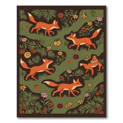 Woodland Foxes Green Fern Floral Scene Rug