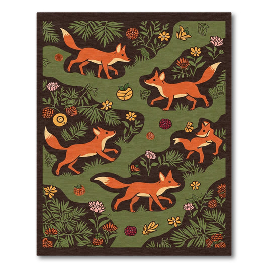 Woodland Foxes Green Fern Floral Scene Rug