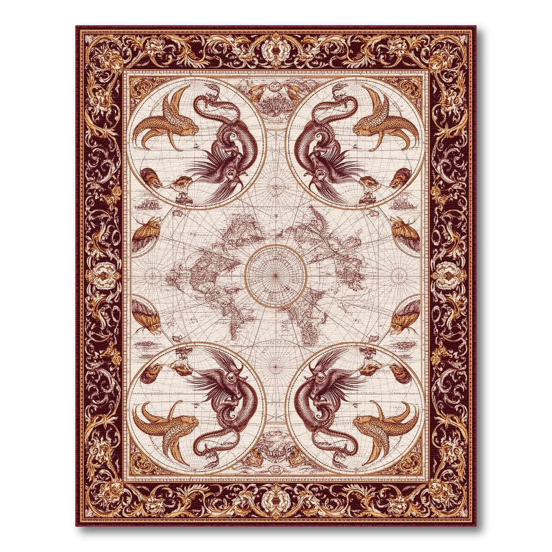 Vintage World Map Red Gold Creatures Area Rug