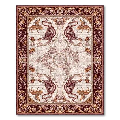 Vintage World Map Red Gold Creatures Area Rug