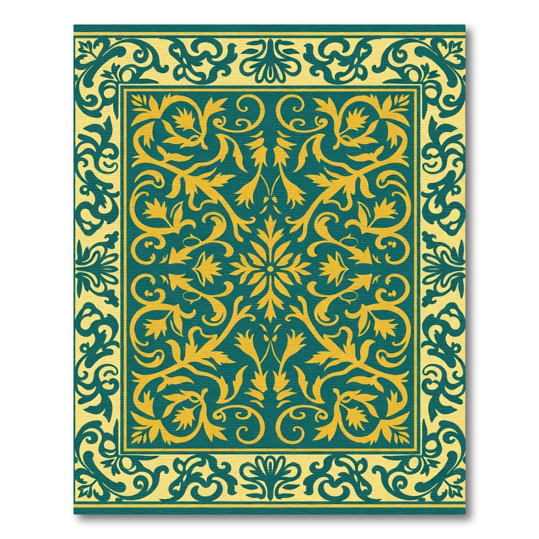 Golden Teal Floral Scroll Border Rug