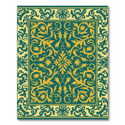 Golden Teal Floral Scroll Border Rug