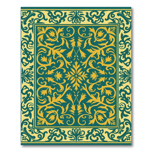 Golden Teal Floral Scroll Border Rug