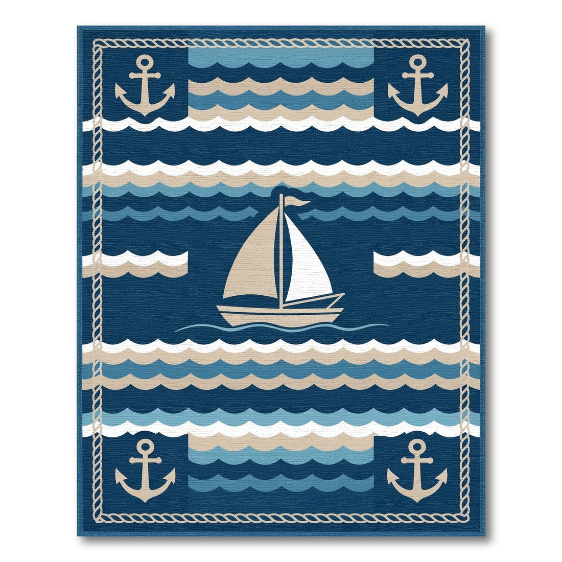 Navy Blue Sailboat Anchor Coastal Area Rug
