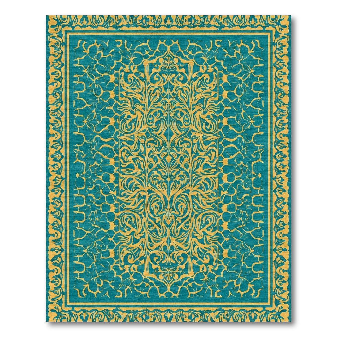 Golden Teal Floral Scrollwork Rug