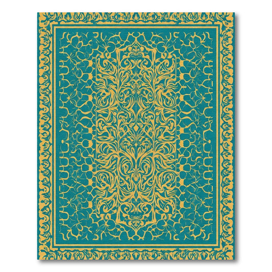 Golden Teal Floral Scrollwork Rug