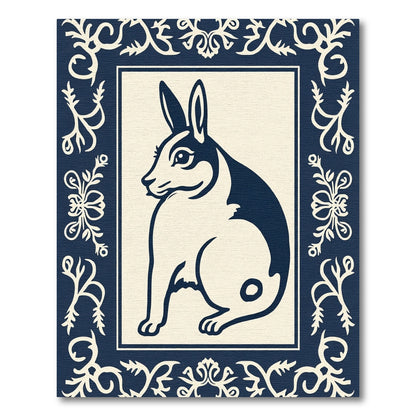 Navy Cream Folk Art Rabbit Rug