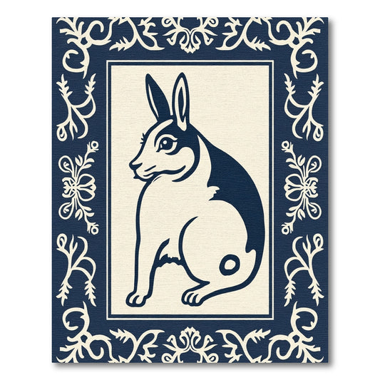 Navy Cream Folk Art Rabbit Rug