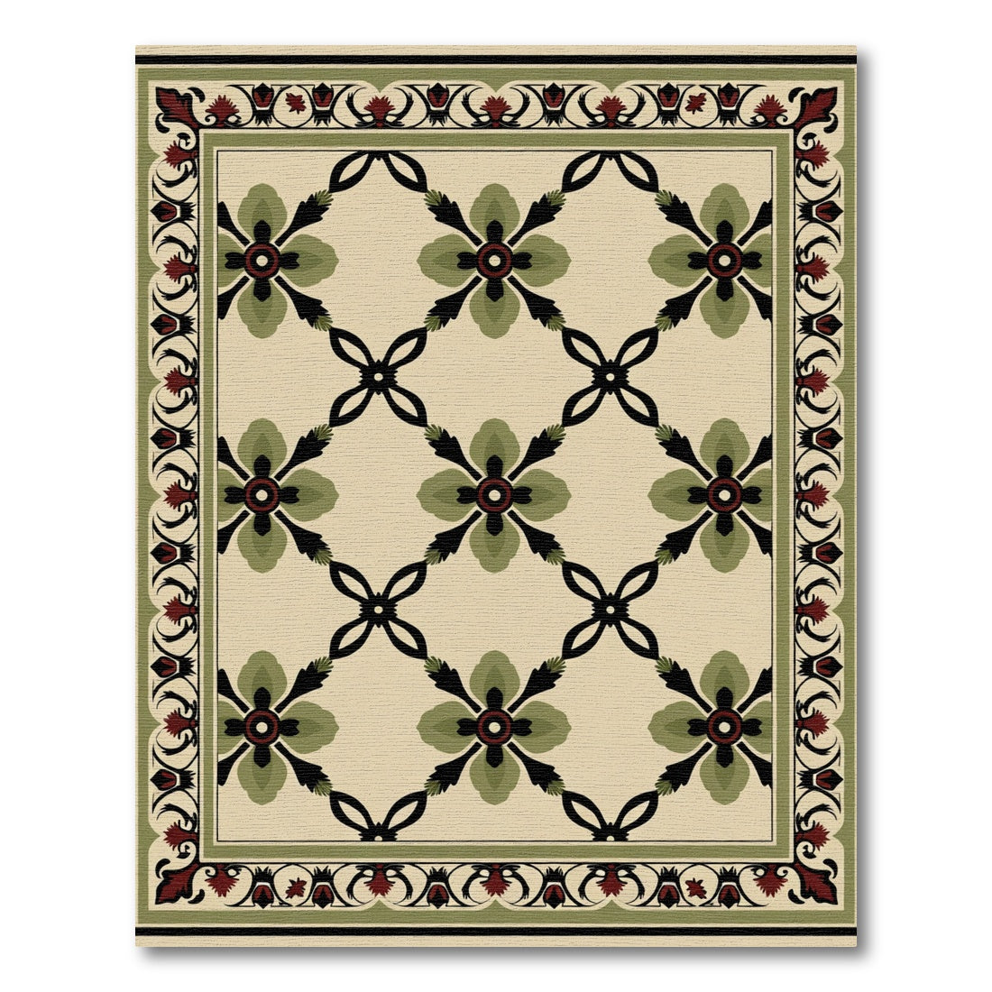 Green Red Geometric Floral Lattice Rug