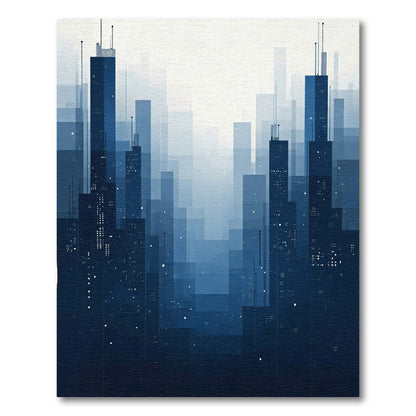 Dark Blue Cityscape Pixelated Skyline Rug