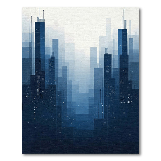 Dark Blue Cityscape Pixelated Skyline Rug