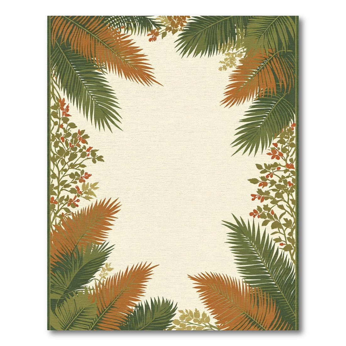 Terracotta Green Tropical Leaf Border Rug