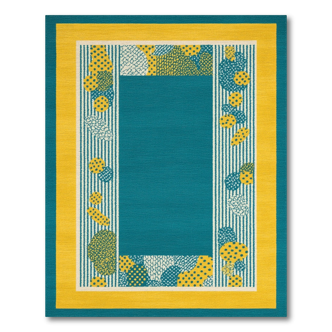 Blue and Teal Geometric Area Rug with Yellow Border