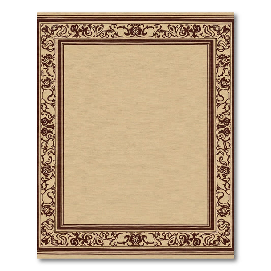 Warm Beige Dark Brown Scroll Border Rug