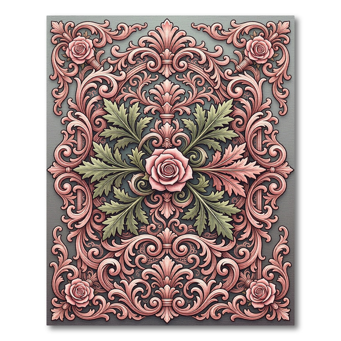 Pink Rose Scrollwork Victorian Ornament Rug