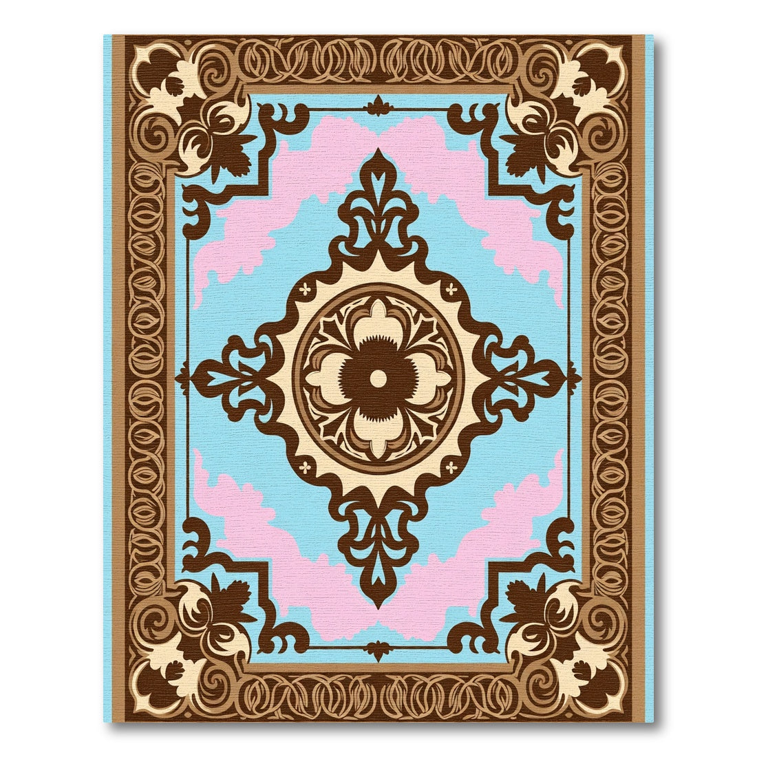 Retro Blue Pink Floral Medallion Rug