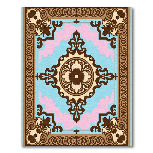 Retro Blue Pink Floral Medallion Rug
