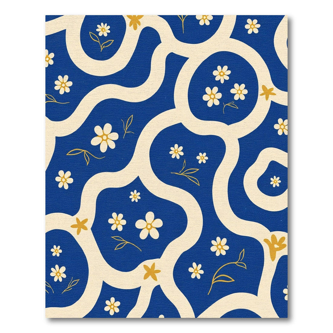 Retro Blue Cream Floral Waves Rug