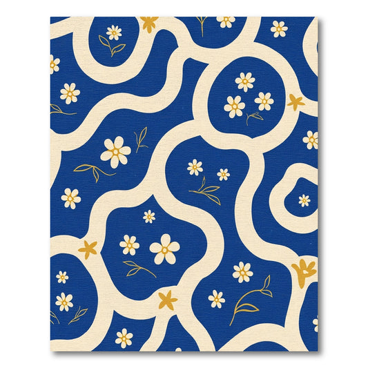 Retro Blue Cream Floral Waves Rug