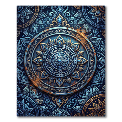 Ornate Blue Gold Mandala Rug
